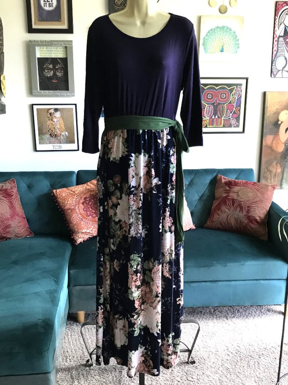 EGS by Eloges size XL Navy Blue & Olive Green Sash Floral Jersey Maxi Dress